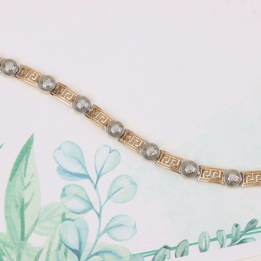 "Greek Key Rose Gold Bracelet with Silver Disc Accents, XPBL0792 - Picture 4 of 12